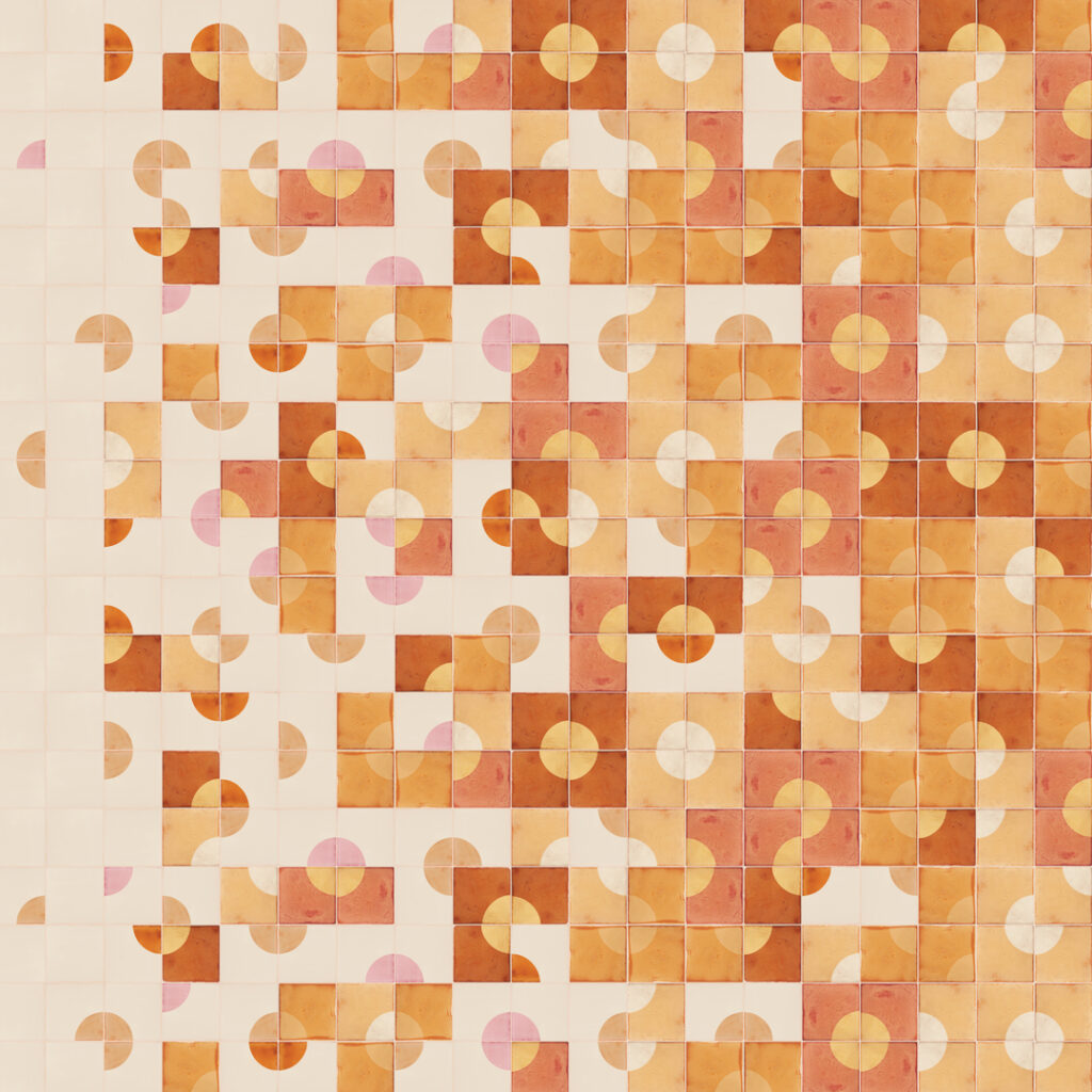 Smink Studio Shattered Stained-Glass Window design: white handmade tiles with screen-printed shapes in amber, rust and pink.