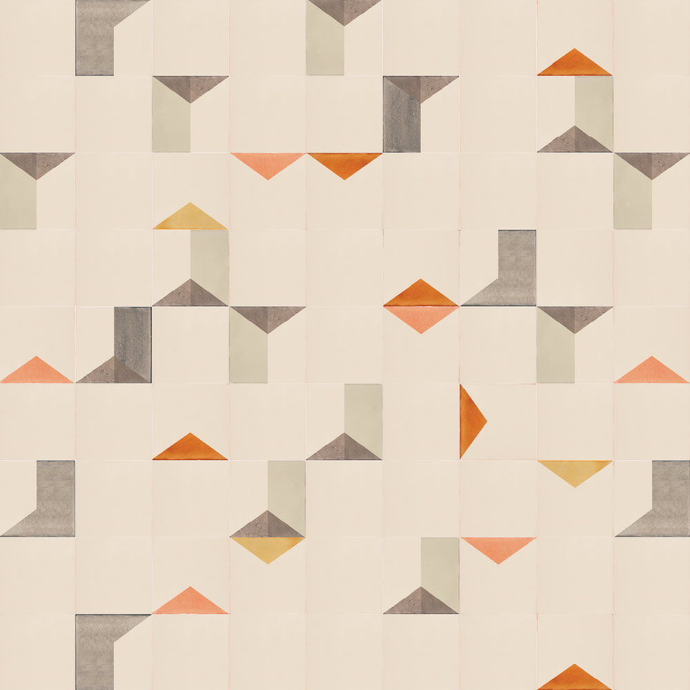 A layout of screen printed ceramic tiles from Smink Studio in orange and grey.