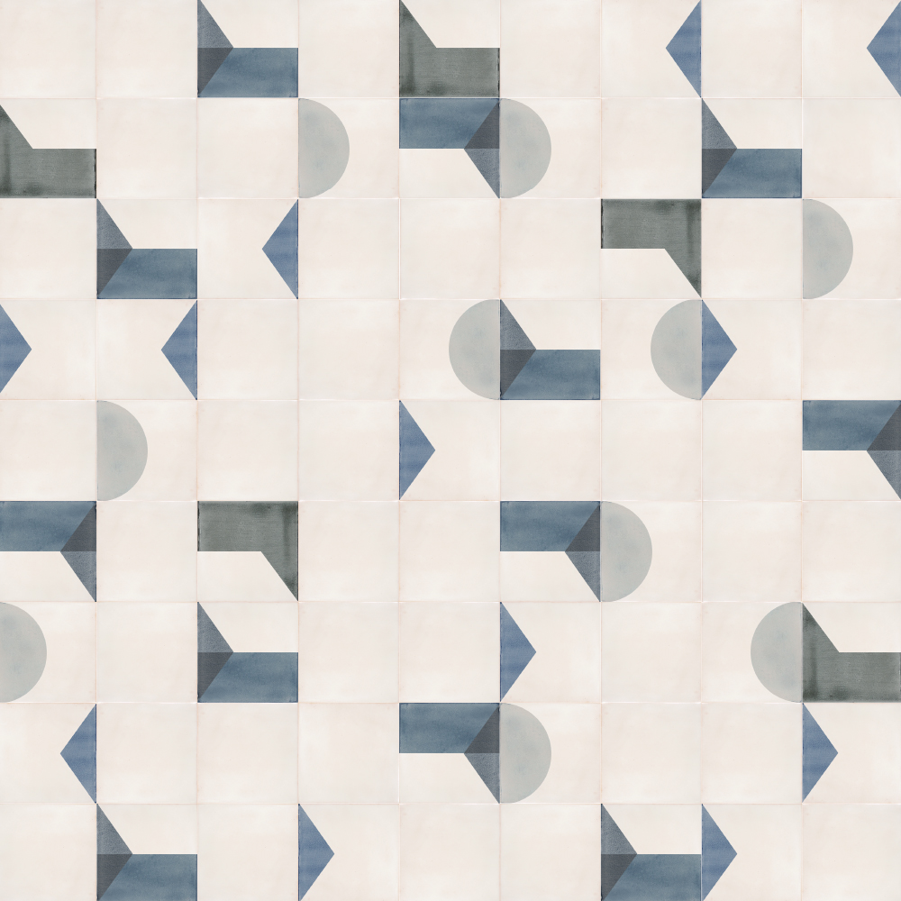 A layout of screen printed ceramic tiles from Smink Studio in blues and greys..