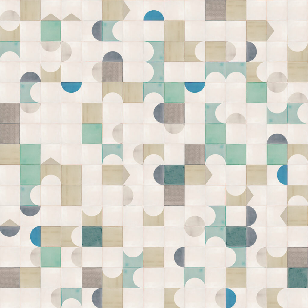 Smink Studio The Eyes Have It design: white glazed ceramic tiles with screen-printed half-circles in teal, blue, sage and grey.