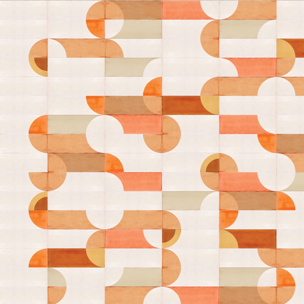 Smink Studio Wine Cellar design in orange: white handmade tiles with screen-printed half-circles and bands in coral, rust and sand.