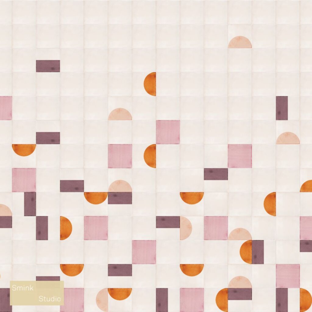 Smink Studio Cocktails and Convertibles colourway 2: white handmade tiles with screen-printed shapes in plum, pink and orange.
