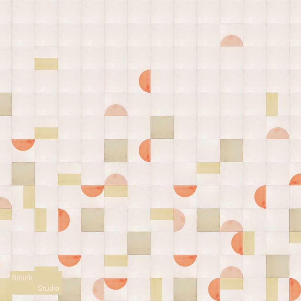 Smink Studio Cocktails and Convertibles colourway 3: white tiles with screen-printed half-circles and squares in orange, sand and peach.