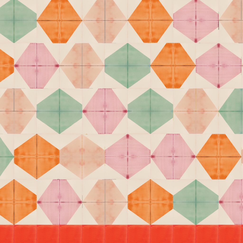 Smink Studio Is It a Spencer? design 2A: screen-printed tiles with hexagons in pink, green and orange above a red border.