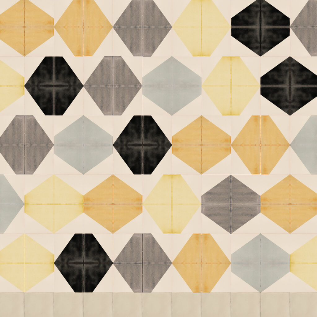 Smink Studio Is It a Spencer? design 3A: glazed ceramic tiles with screen-printed hexagons in black, grey and yellow.