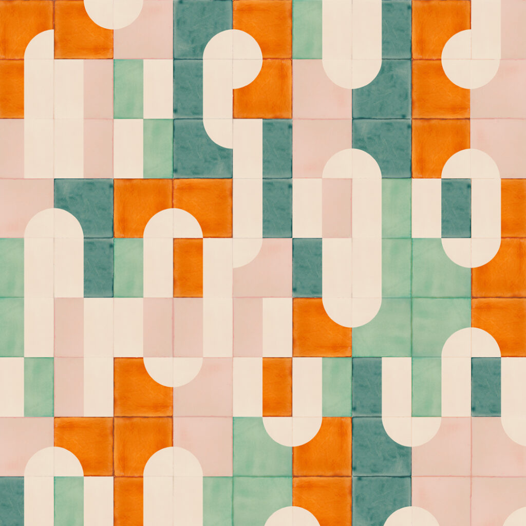 Smink Studio Advanced Knitting Pattern design: screen-printed tiles in orange, teal, blush and cream with looping bands.