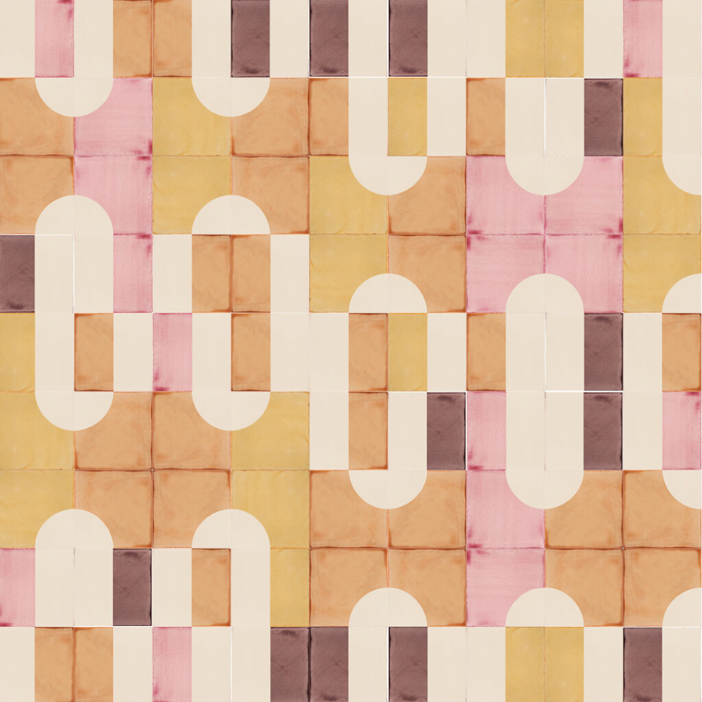 Smink Studio Advanced Knitting Pattern design: handmade tiles in mustard, pink, plum and cream with screen-printed looping bands.