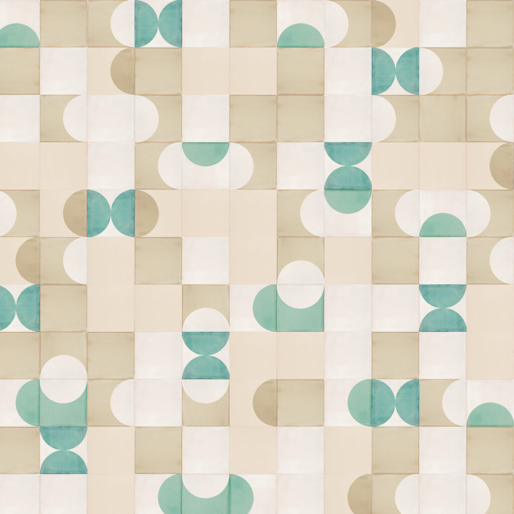 Smink Studio Under a Watchful Eye design: cream glazed ceramic tiles with screen-printed half-circles in teal and stone.