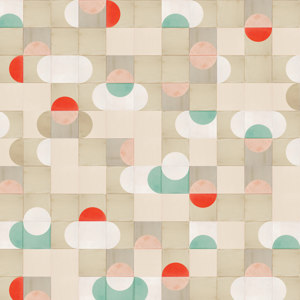 Smink Studio Under a Watchful Eye design: cream tiles with screen-printed half-circles in teal, red and sand.