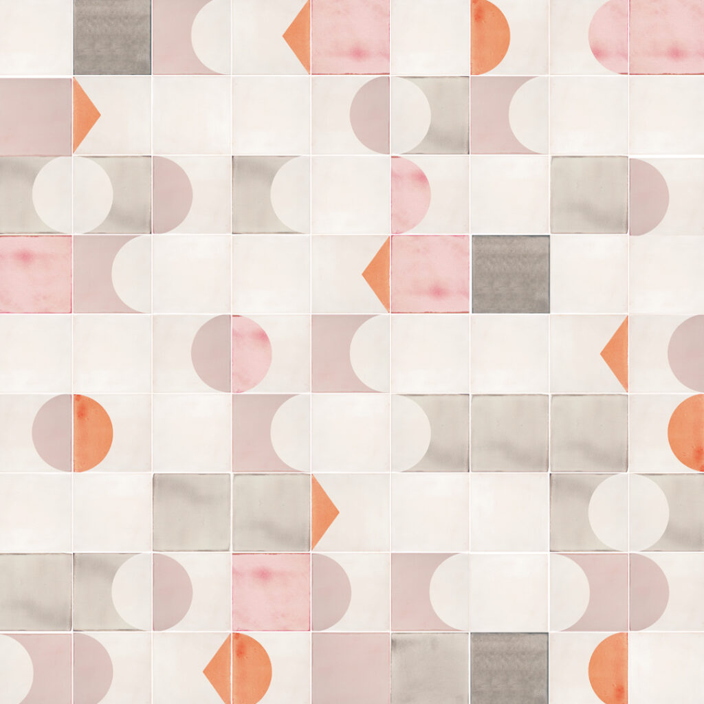 Smink Studio A Pointed Comment design: white glazed ceramic tiles with screen-printed shapes in grey, pink and orange.