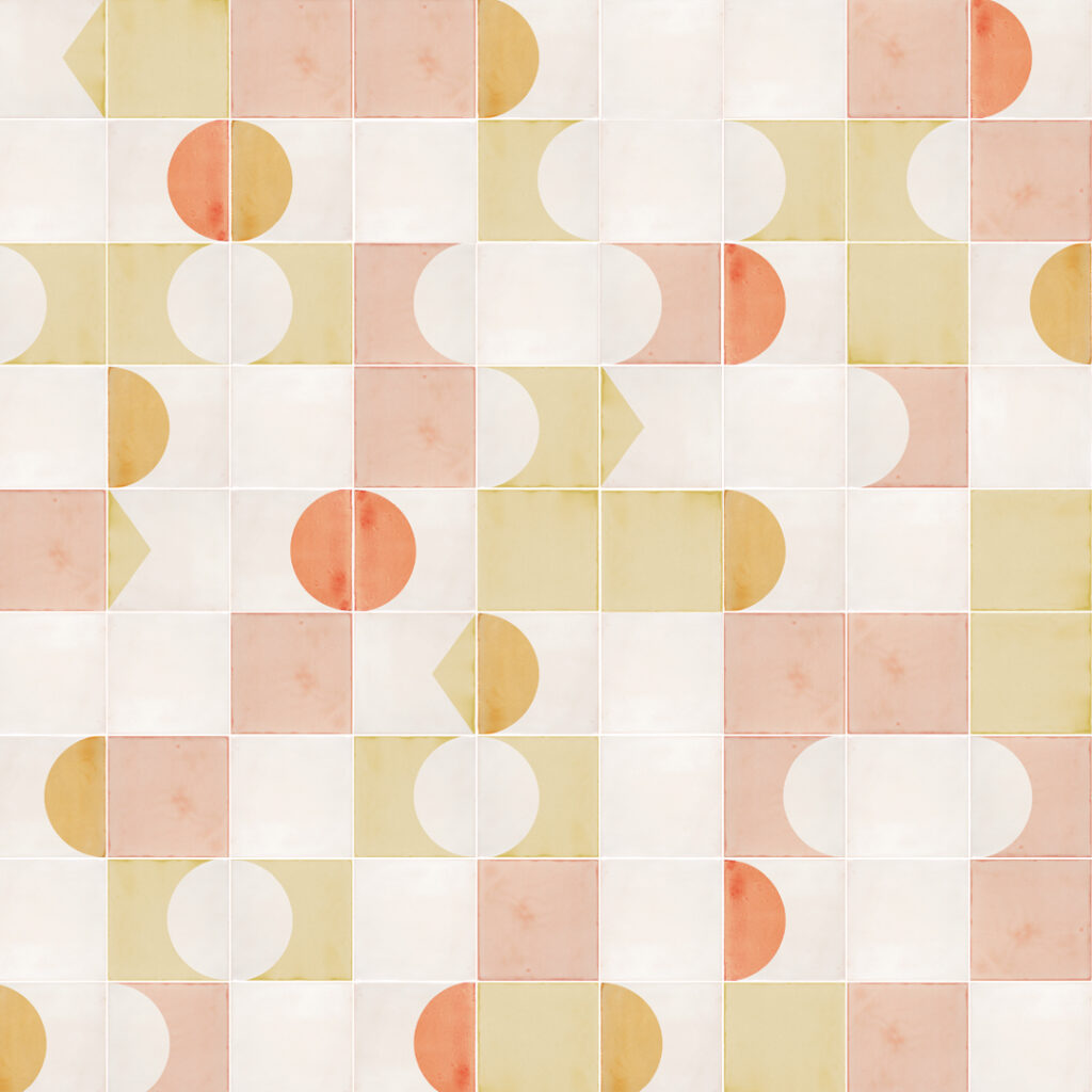 Smink Studio A Pointed Comment design with Eclipse tiles: white tiles with screen-printed shapes in butter, blush and orange.
