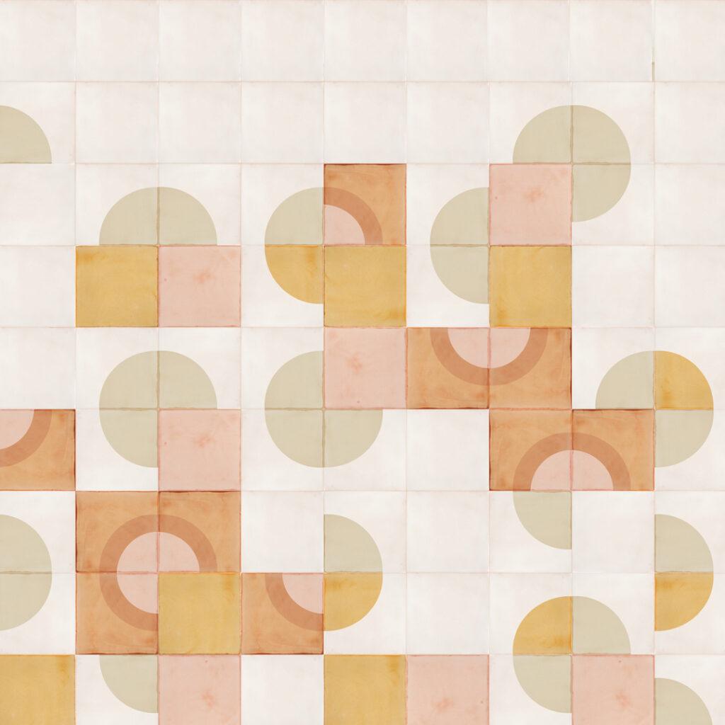 Smink Studio Japan in France design: cream glazed ceramic tiles with screen-printed circles and squares in sage, blush and ochre.