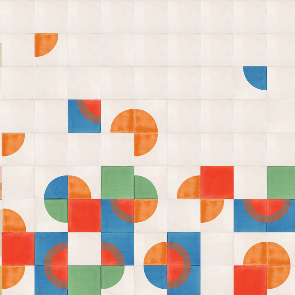 Smink Studio Japan in France design: white handmade tiles with screen-printed squares and quarter-circles in red, blue and green.
