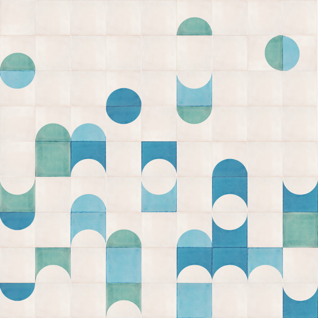 Smink Studio Bubblebath design in calm blue: white screen-printed tiles with scattered half-circles in blue and teal.