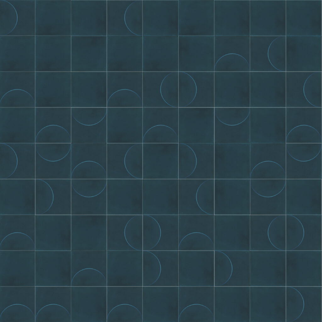 Smink Studio Bubblebath shallow relief design in dark blue: navy glazed ceramic tiles with raised half-circle outlines.