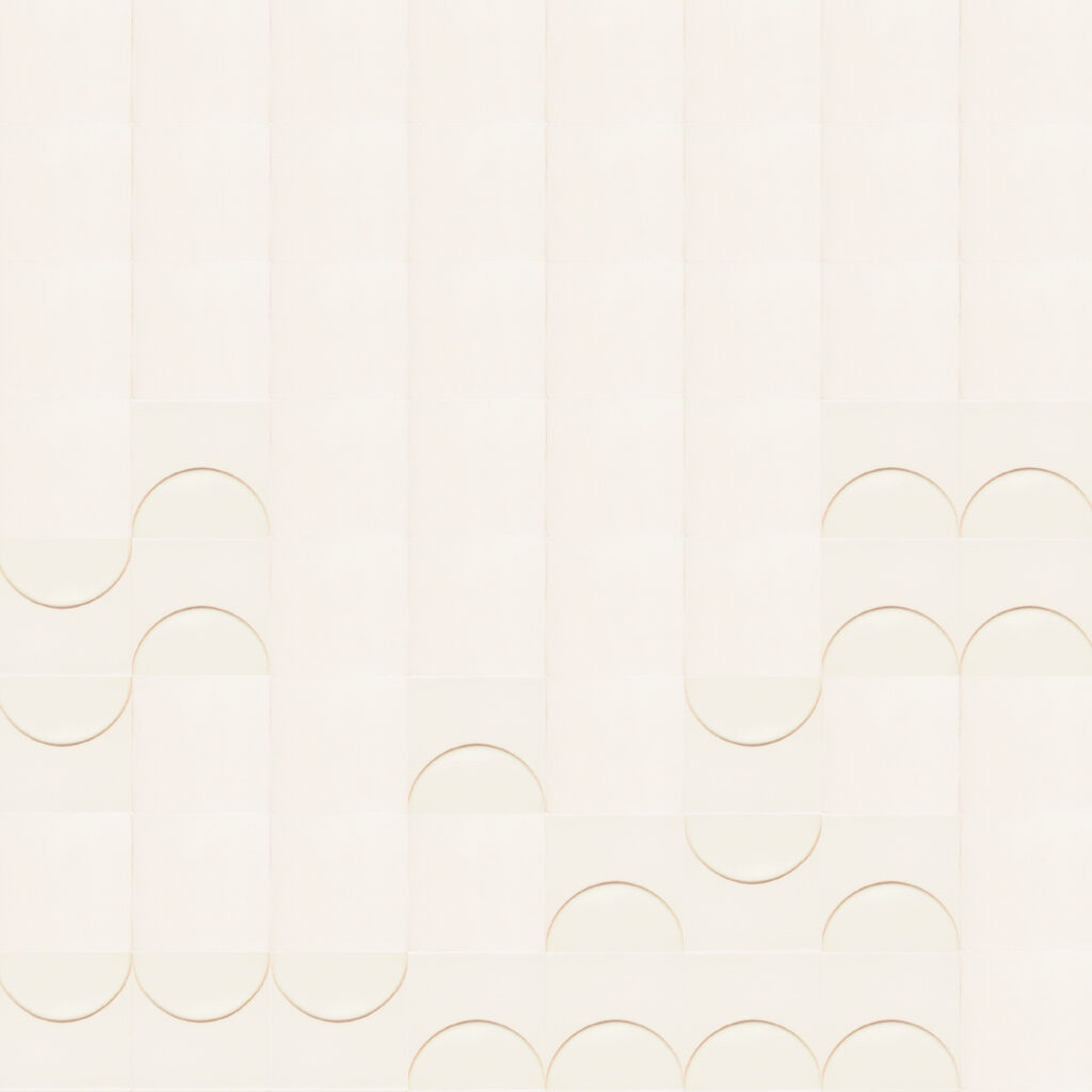 Smink Studio Bubblebath shallow relief design in white: white glazed ceramic tiles with raised half-circle outlines.