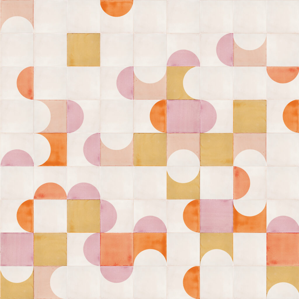 Smink Studio Bubblebath design in wild pink: white handmade tiles with screen-printed half-circles in pink, orange and mustard.