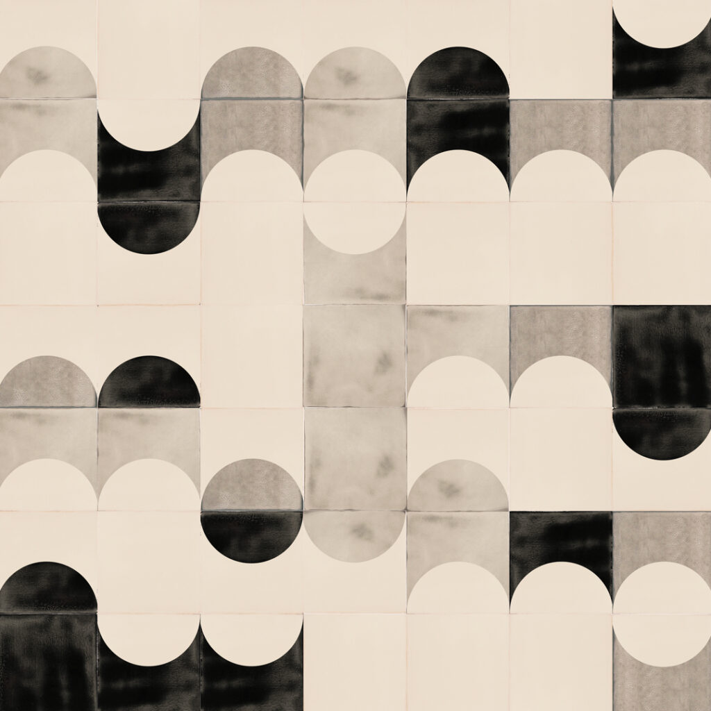 Smink Studio Bubblebath tiles: cream handmade tiles with screen-printed half-circles in black and soft grey.
