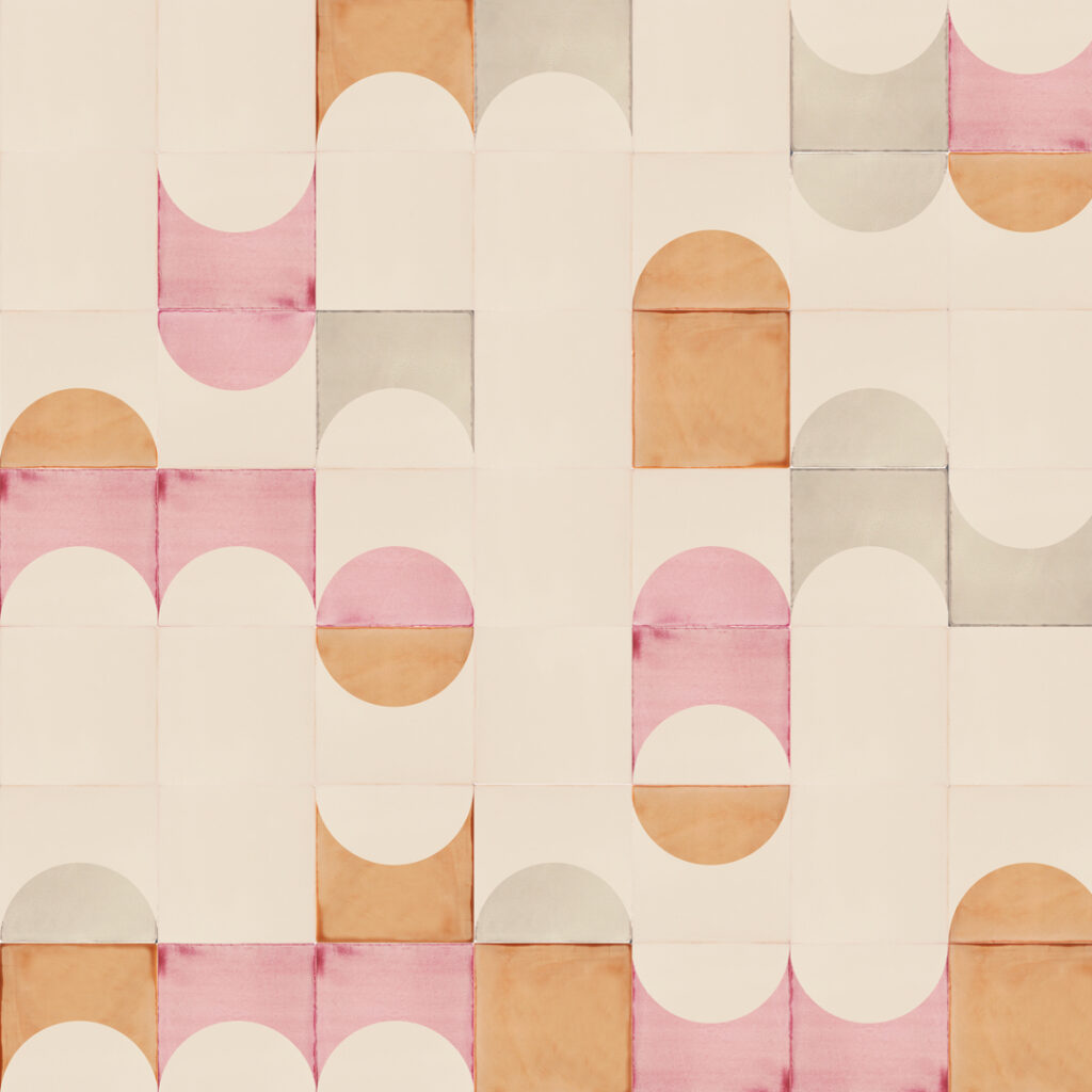 Smink Studio Bubblebath tiles: cream glazed ceramic tiles with screen-printed half-circles in pink and ginger.