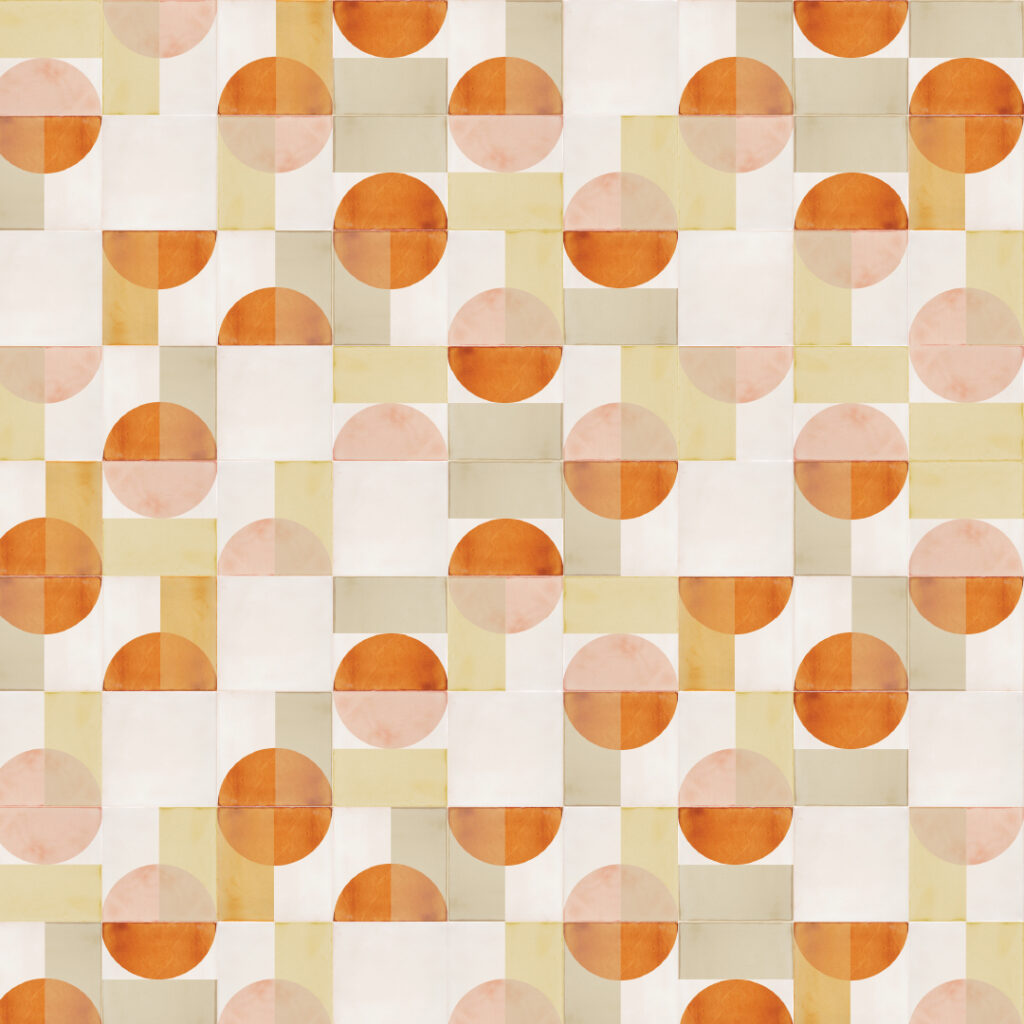 Smink Studio Which Way to Go design in orange: cream screen-printed tiles with half-circles in orange, peach and sage.