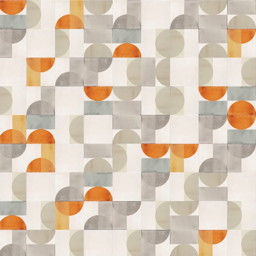 Smink Studio Which Way to Go design: cream glazed ceramic tiles with screen-printed half-circles in grey, orange and sand.
