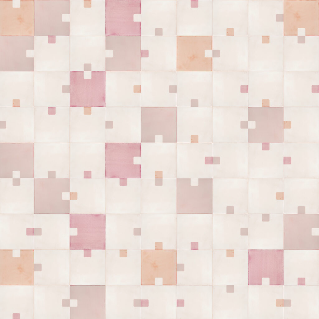 Smink Studio Square Cell Biology design in pink: white tiles with screen-printed squares in rose, mauve and peach.