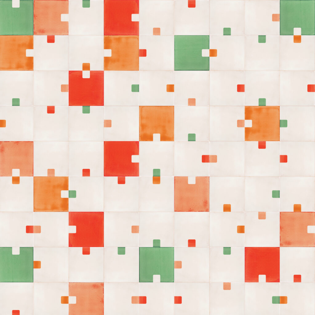 Smink Studio Square Cell Biology design in red, orange and green: white handmade tiles with screen-printed squares.