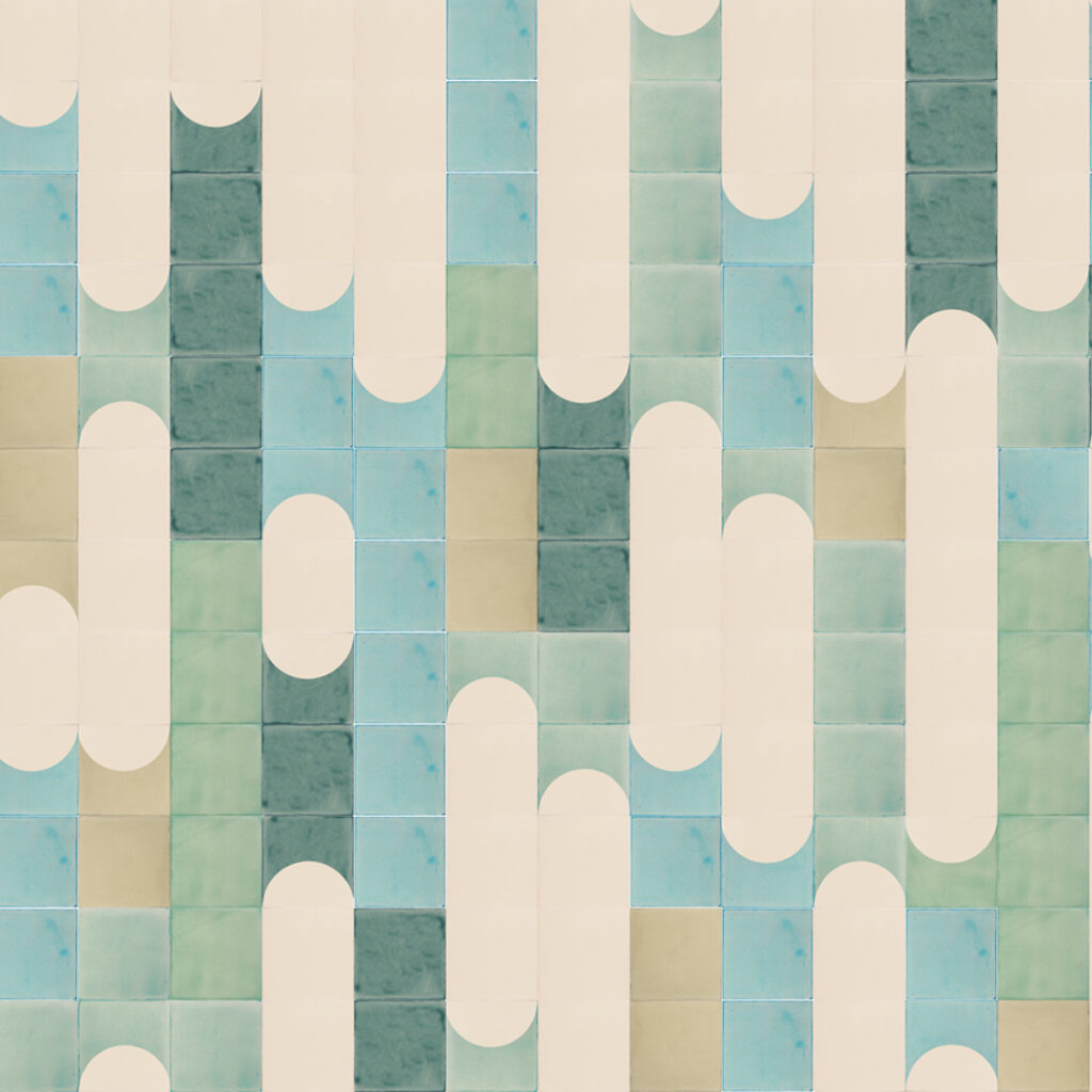 Smink Studio Waterfalls design in dark green: cream arches screen-printed over glazed ceramic tiles in forest green and aqua.