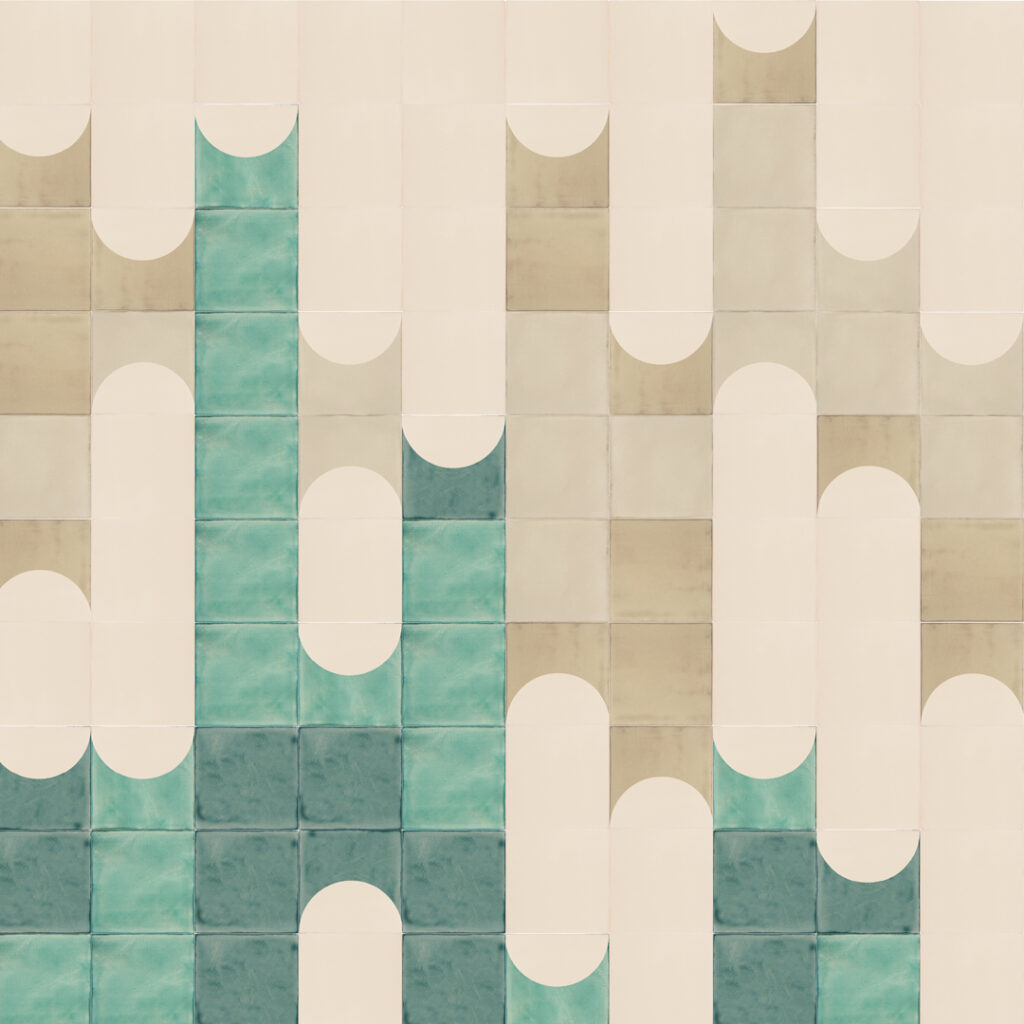 Smink Studio Waterfalls design in green and taupe: screen-printed cream arches over tiles in jade, sage and stone.