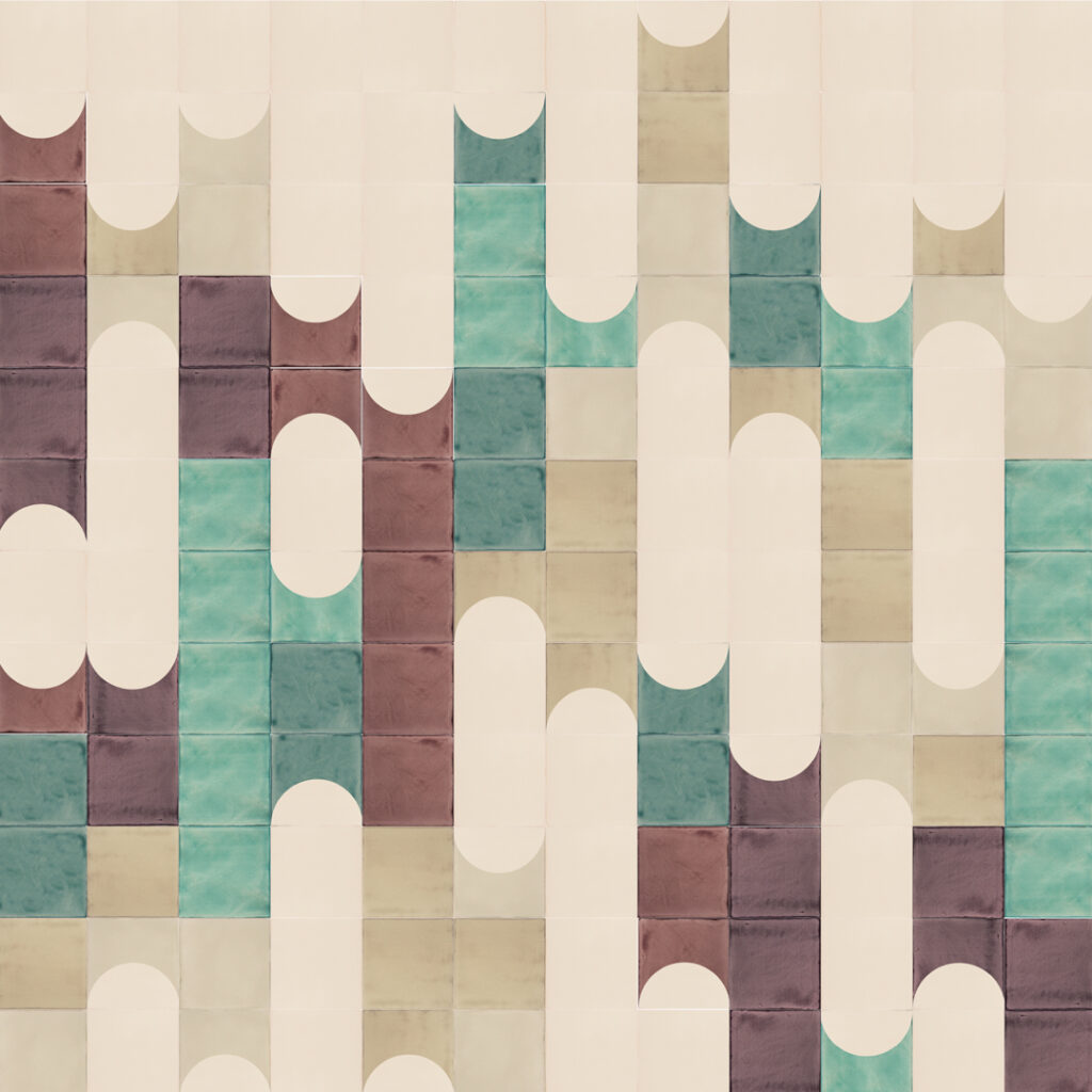 Smink Studio Waterfalls design in purple: cream screen-printed arches over handmade tiles in aubergine, teal and sage.