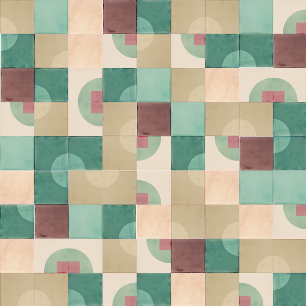 Smink Studio design in green and brown: screen-printed tiles in teal, sage, plum and sand with circles and squares.