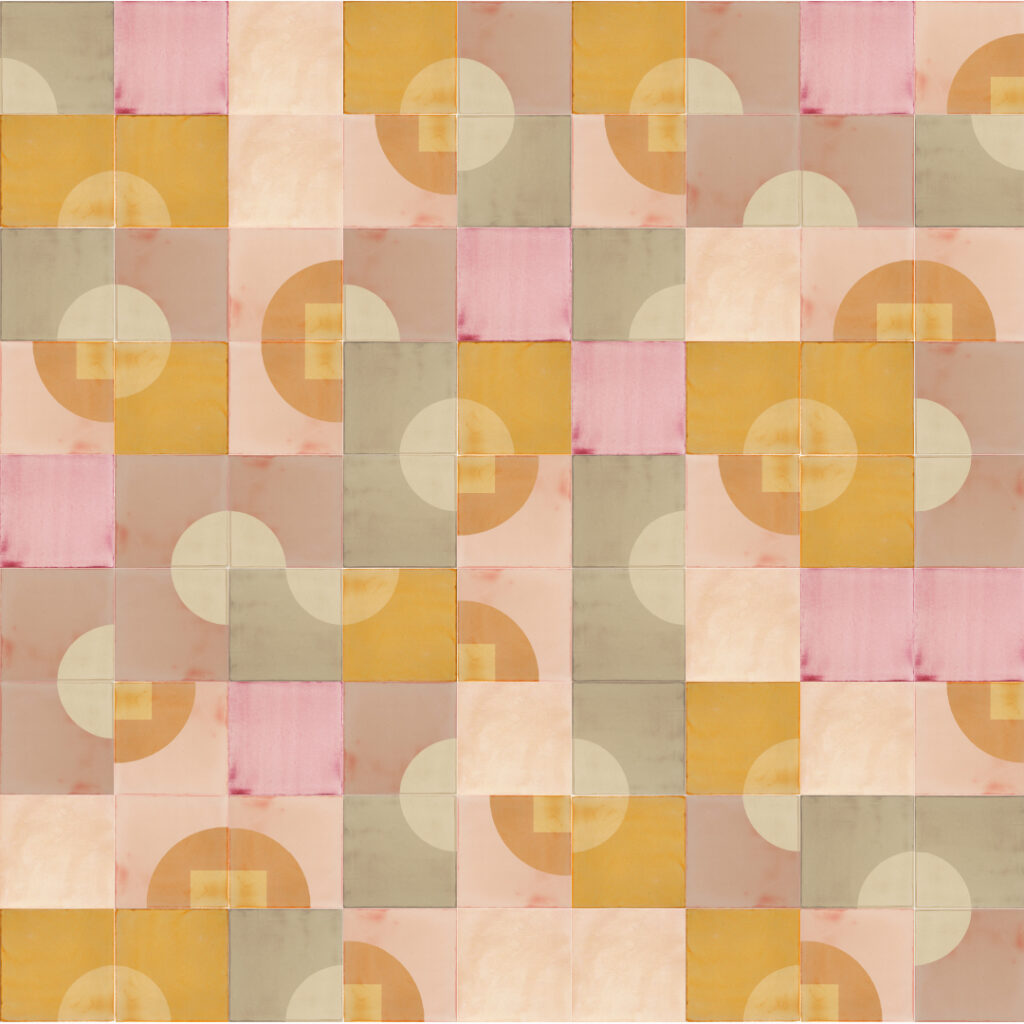 Smink Studio design in pink and grey: glazed ceramic tiles in blush, mustard, sage and grey with screen-printed circles and squares.