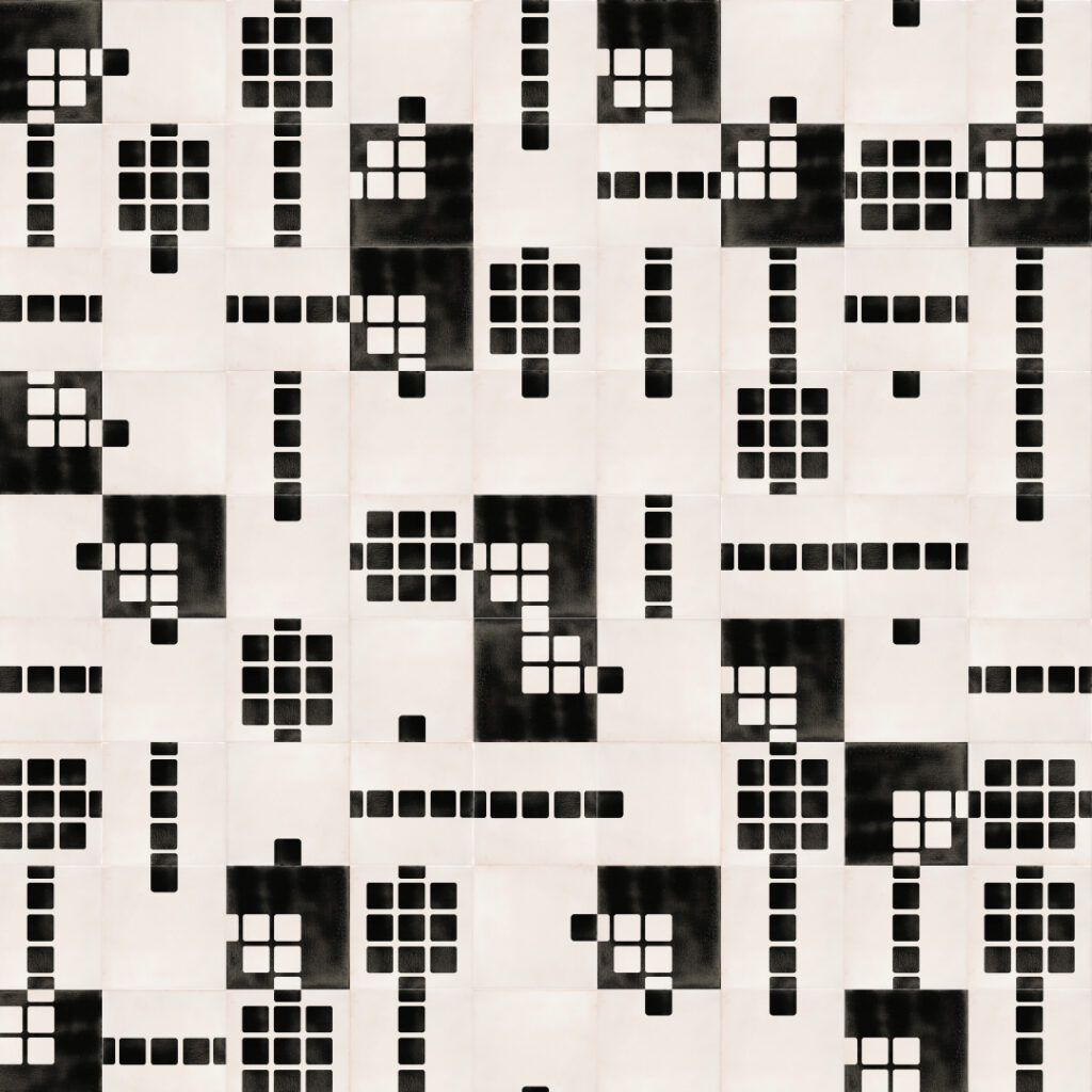 Smink Studio Big City Lights design in black and white: white handmade tiles with screen-printed black squares and grids.