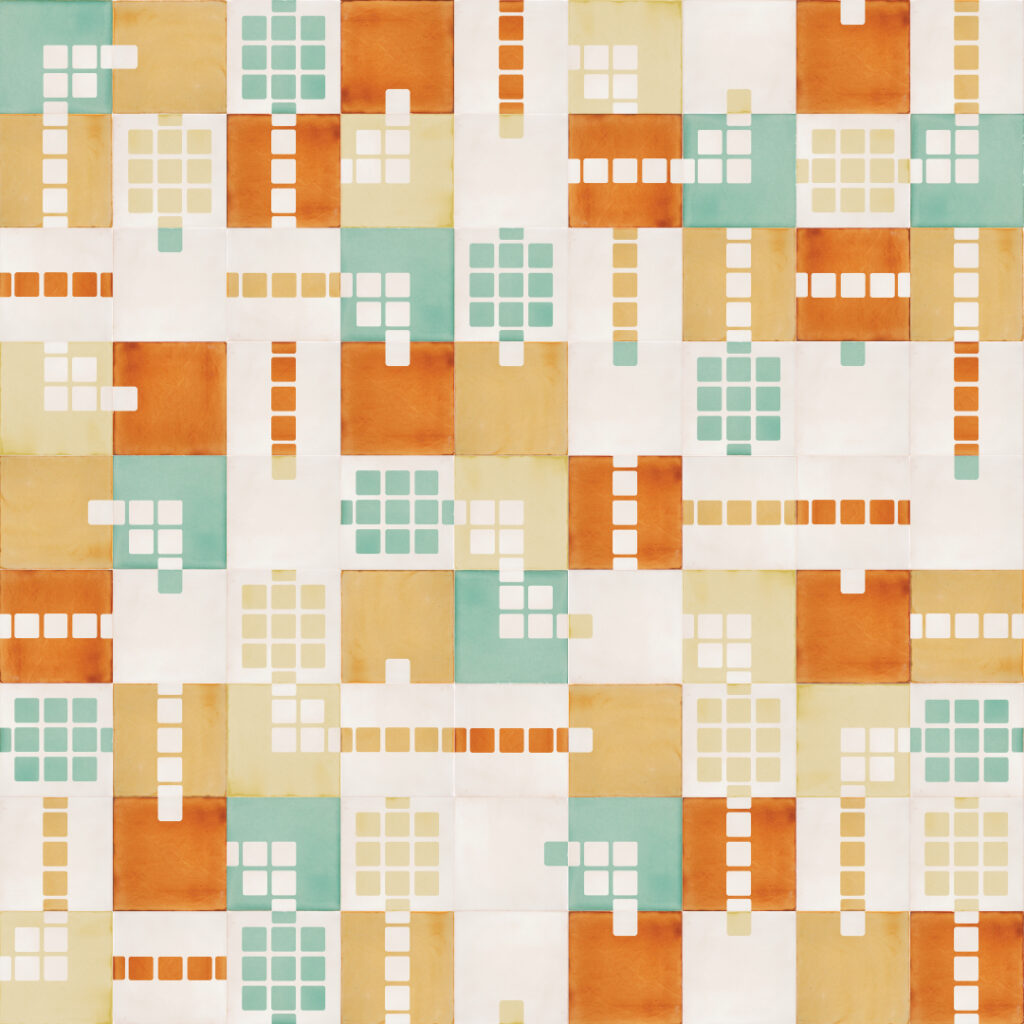 Smink Studio Big City Lights design in orange: white handmade tiles with screen-printed squares and grids in orange, sand and aqua.