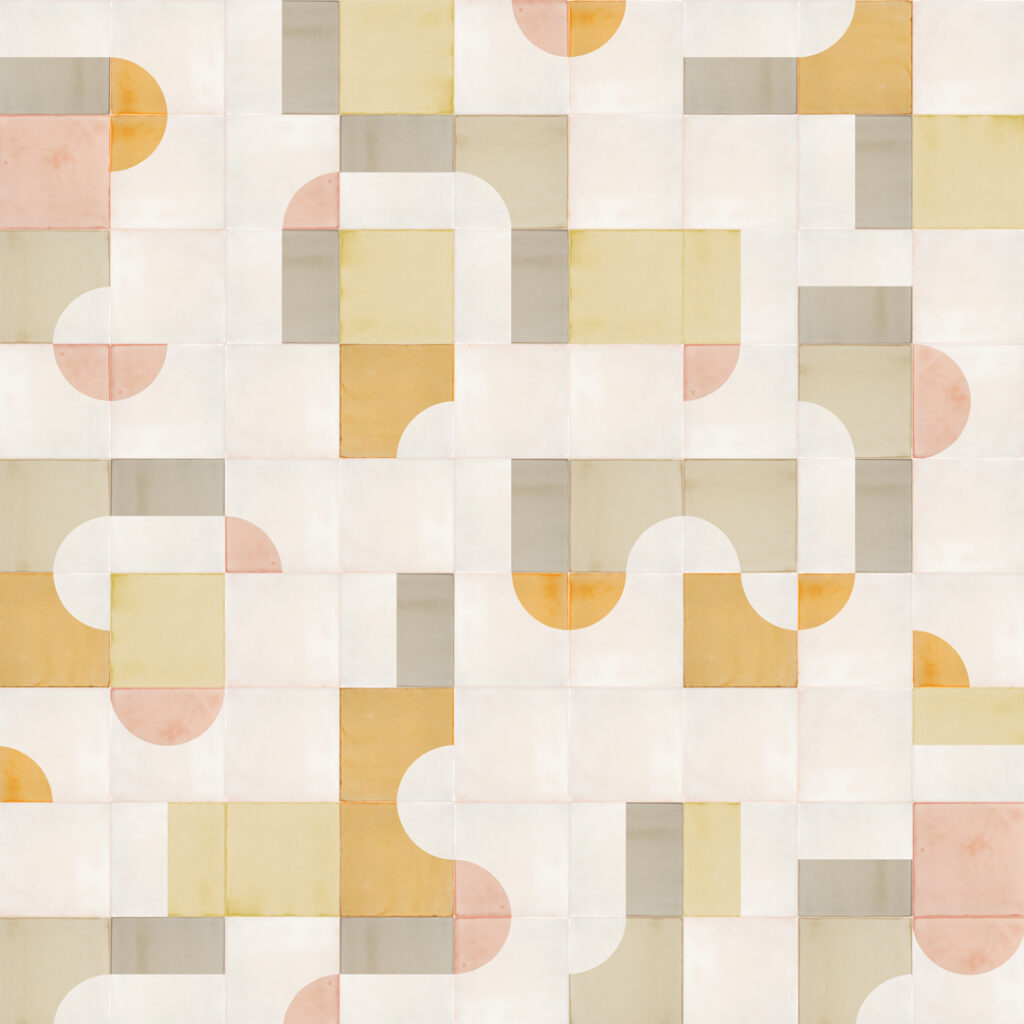 Smink Studio design in soft yellow, sand and grey: white glazed ceramic tiles with screen-printed bands and half-circles.