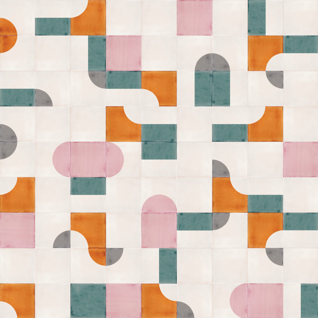 Smink Studio screen-printed tiles in teal, orange, pink and grey: white handmade tiles with interlocking bands and arches.