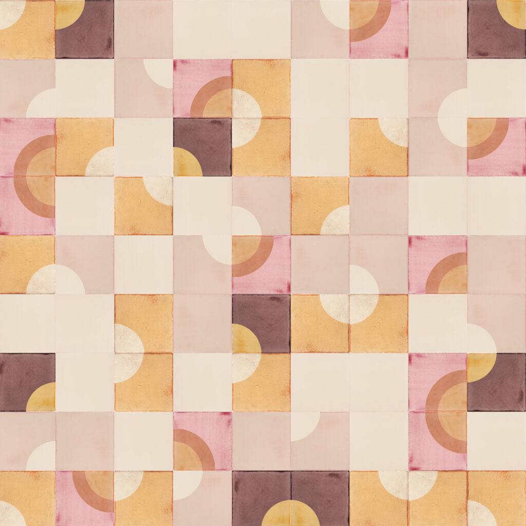 Smink Studio Time to Wind Down design in purple and yellow: handmade tiles with screen-printed arcs in mauve, ochre and cream.