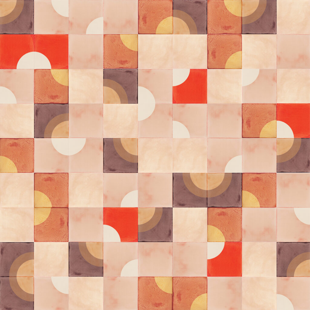 Smink Studio Time to Wind Down design in red and purple: glazed ceramic tiles with screen-printed arcs on blush and sand.