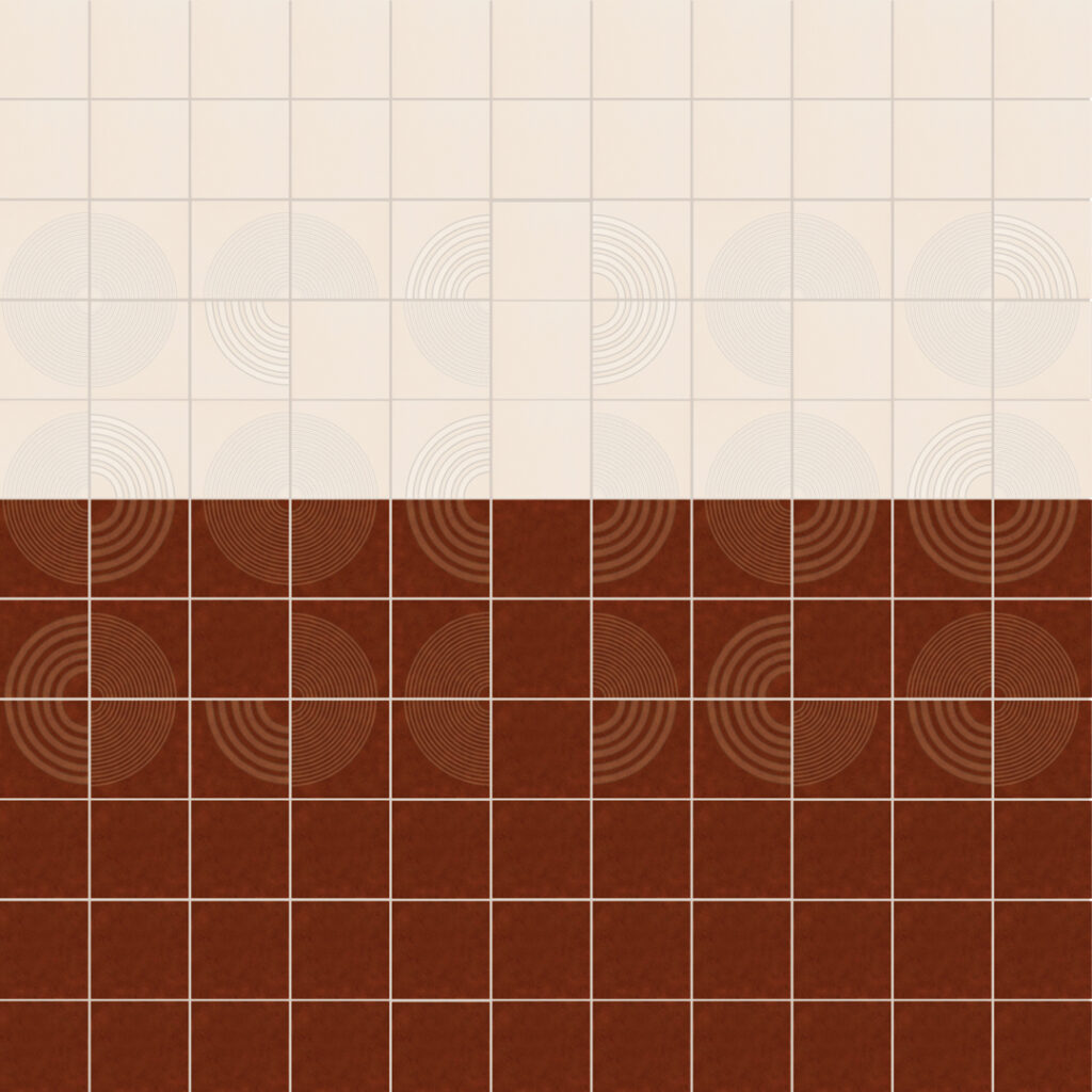 Smink Studio relief tile design for OBZ: cream and chocolate-brown glazed tiles with raised concentric arcs.