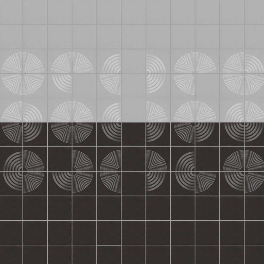 Smink Studio Bauhaus relief design in black and grey: glazed ceramic tiles with raised concentric quarter-circles.