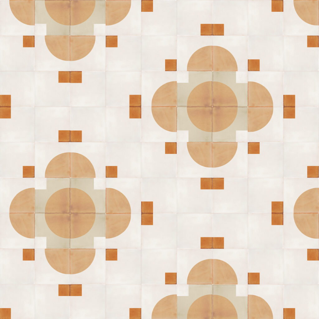 Smink Studio Kusami Flowers design in brown: white glazed ceramic tiles with screen-printed flowers in tan, caramel and rust.