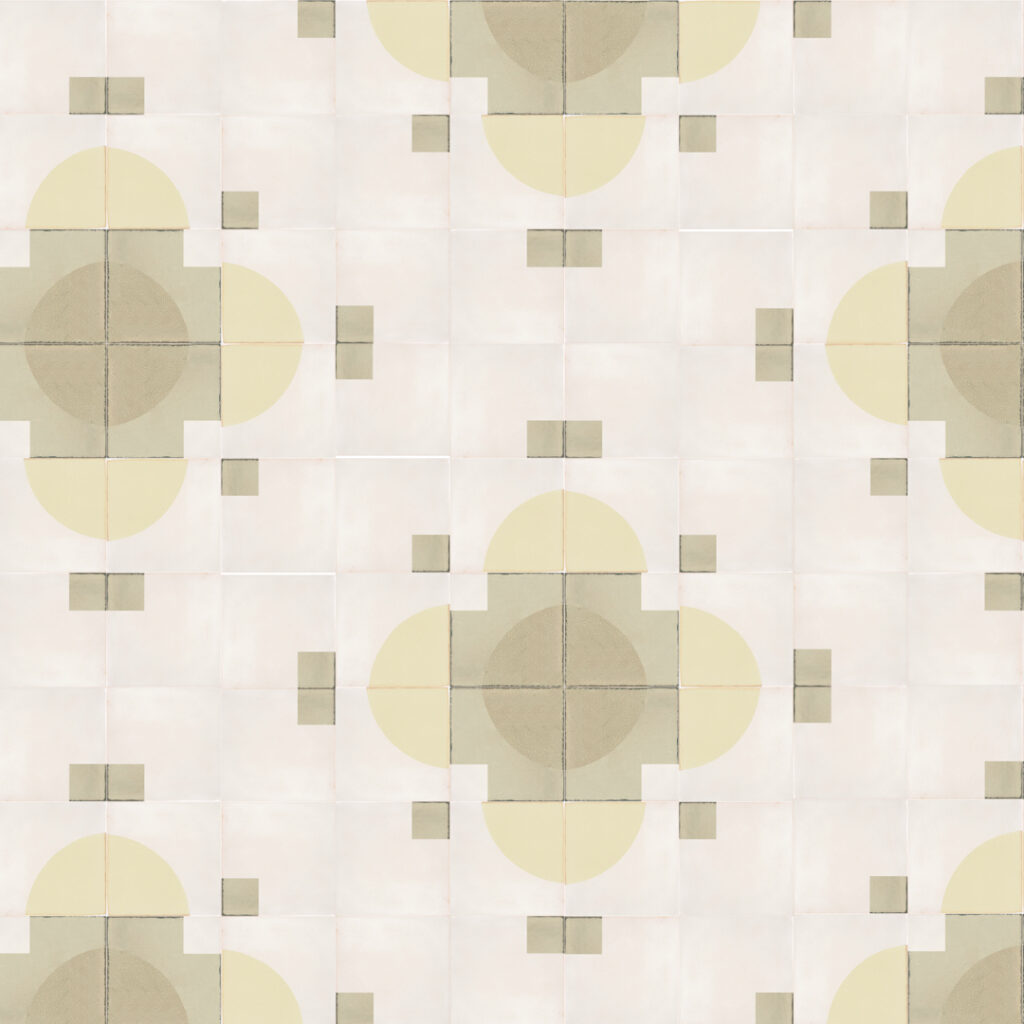 Smink Studio Kusami Flowers design in neutrals: cream handmade tiles with screen-printed flower shapes in sand and stone.