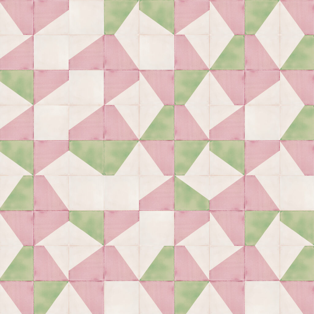 Smink Studio Gathers No Moss pattern: cream screen-printed tiles with triangles in rose pink and leaf green.