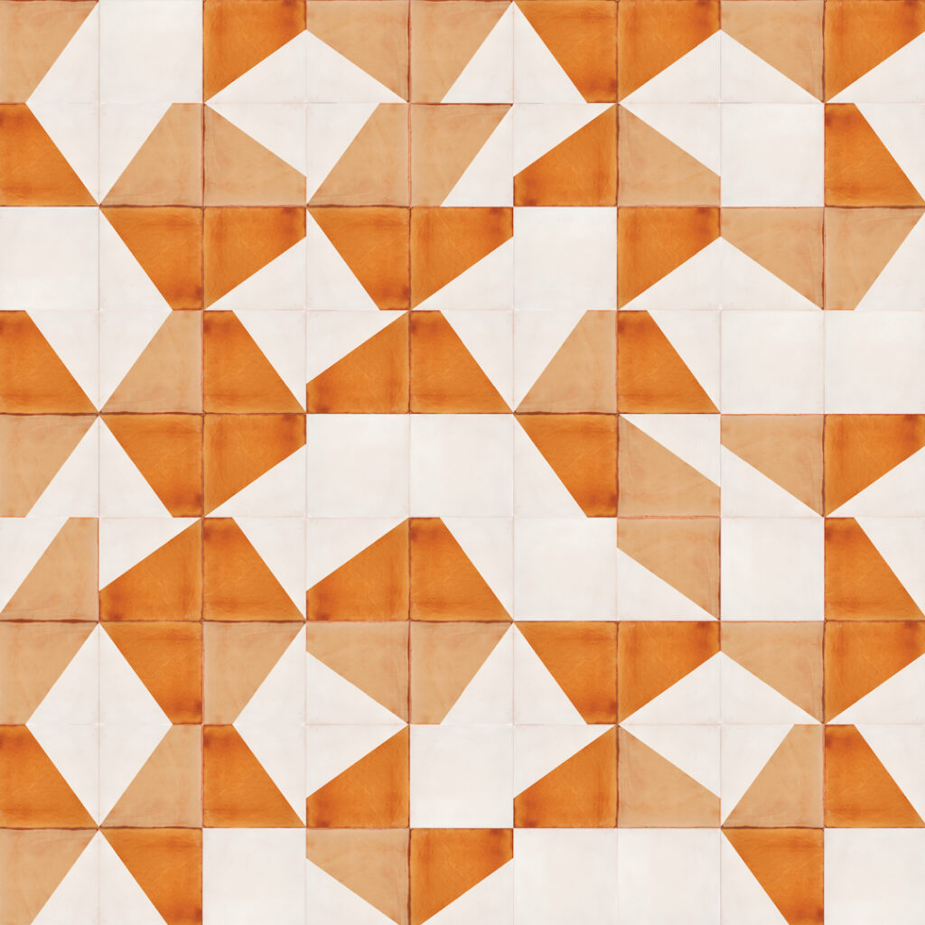 Smink Studio Gathers No Moss pattern: cream handmade tiles with screen-printed triangles in burnt orange and caramel.