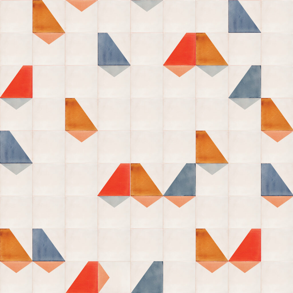 Smink Studio Heavy Rain pattern: white glazed ceramic tiles with screen-printed triangles in red, orange and slate blue.