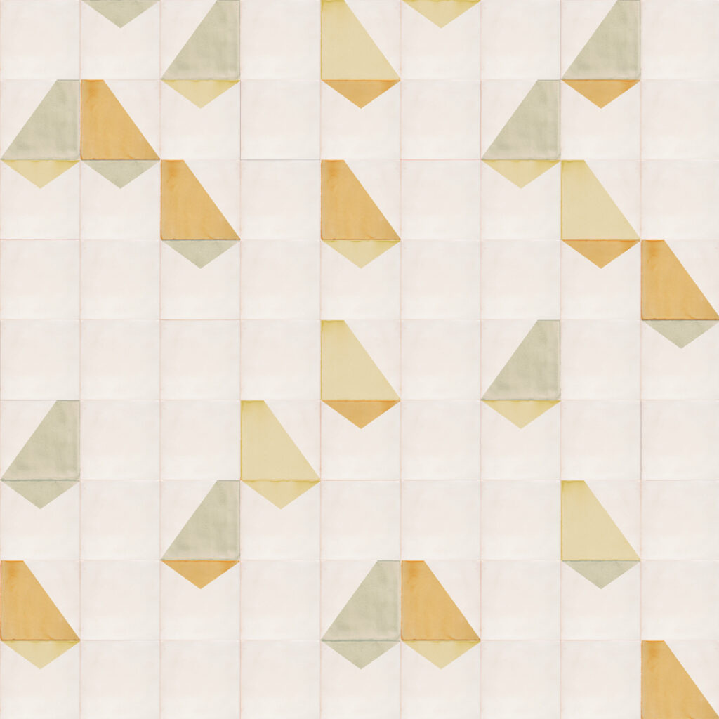 Smink Studio Heavy Rain pattern: white handmade tiles with screen-printed triangles in mustard, sage and sand.