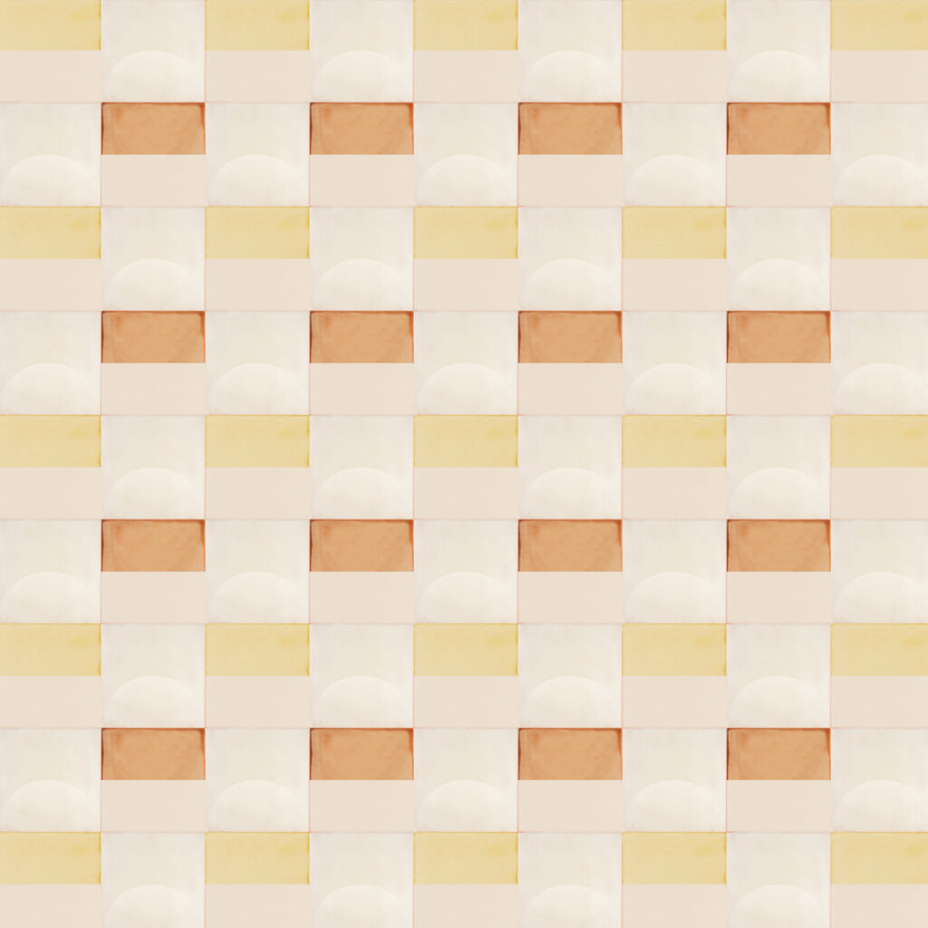 Smink Studio mid-century modern pattern: cream glazed ceramic tiles with screen-printed bands in sand, butter and tan.