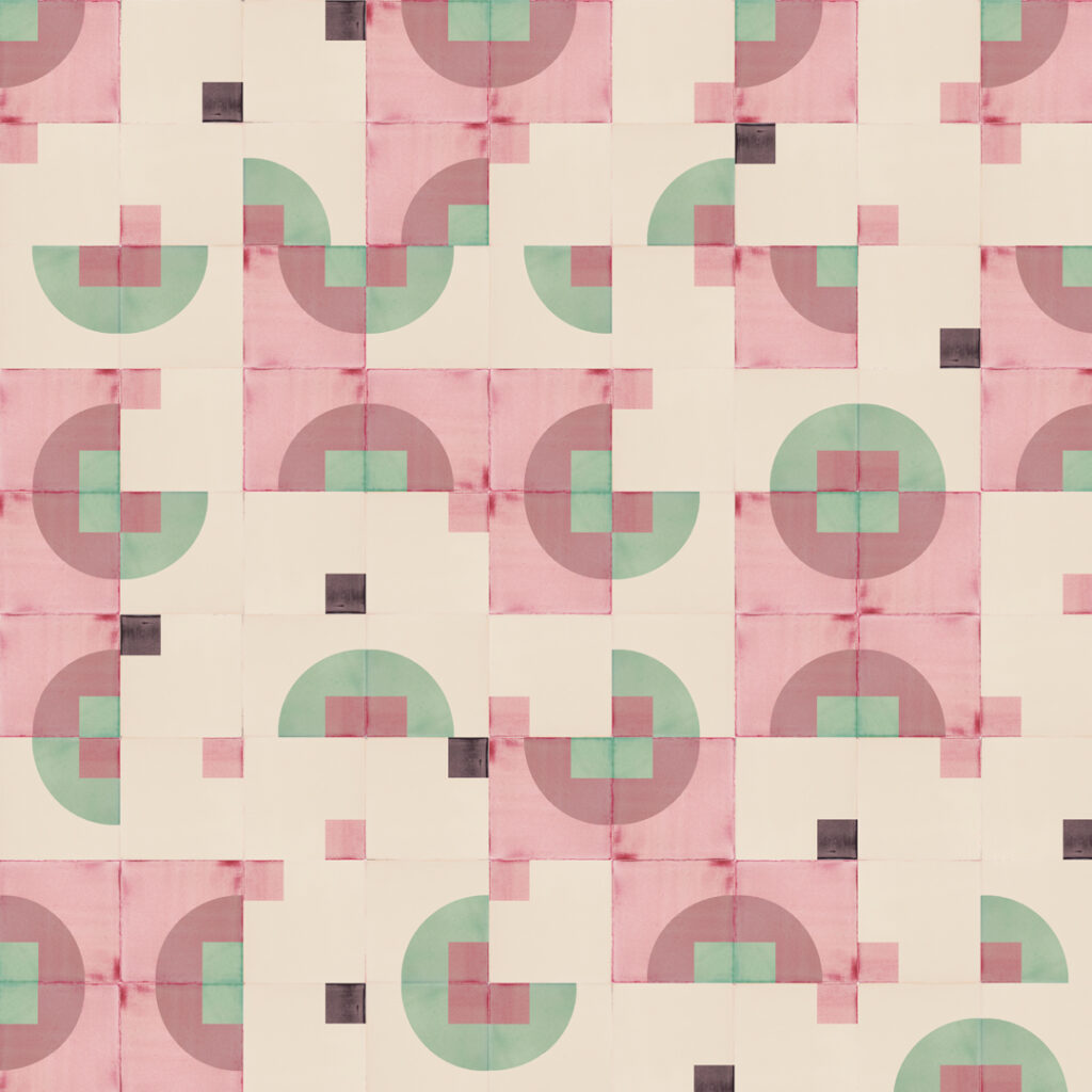 Smink Studio Electron Clouds pattern: cream glazed ceramic tiles with screen-printed arcs and squares in pink, sage and plum.