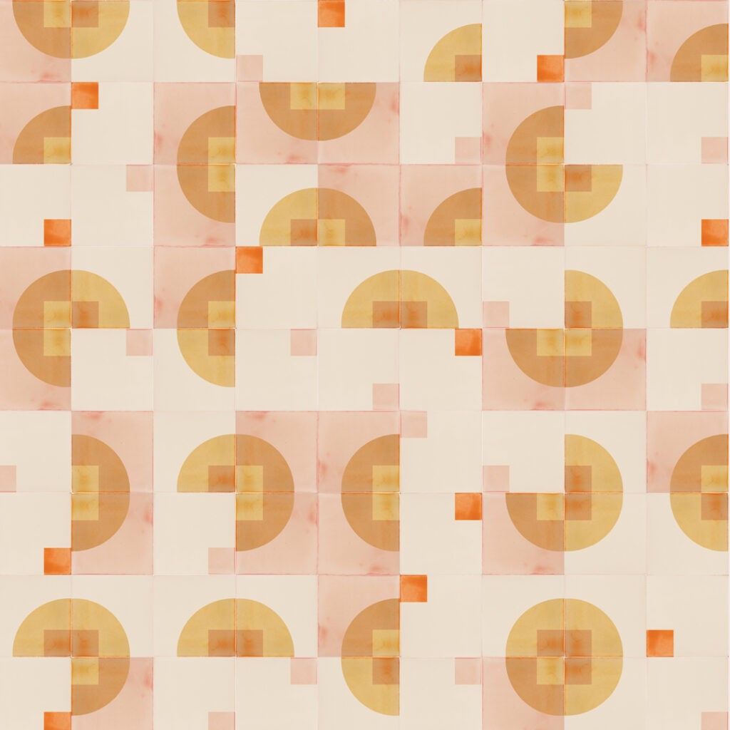 Smink Studio Electron Clouds pattern: cream handmade tiles with screen-printed arcs and squares in ochre, peach and mustard.