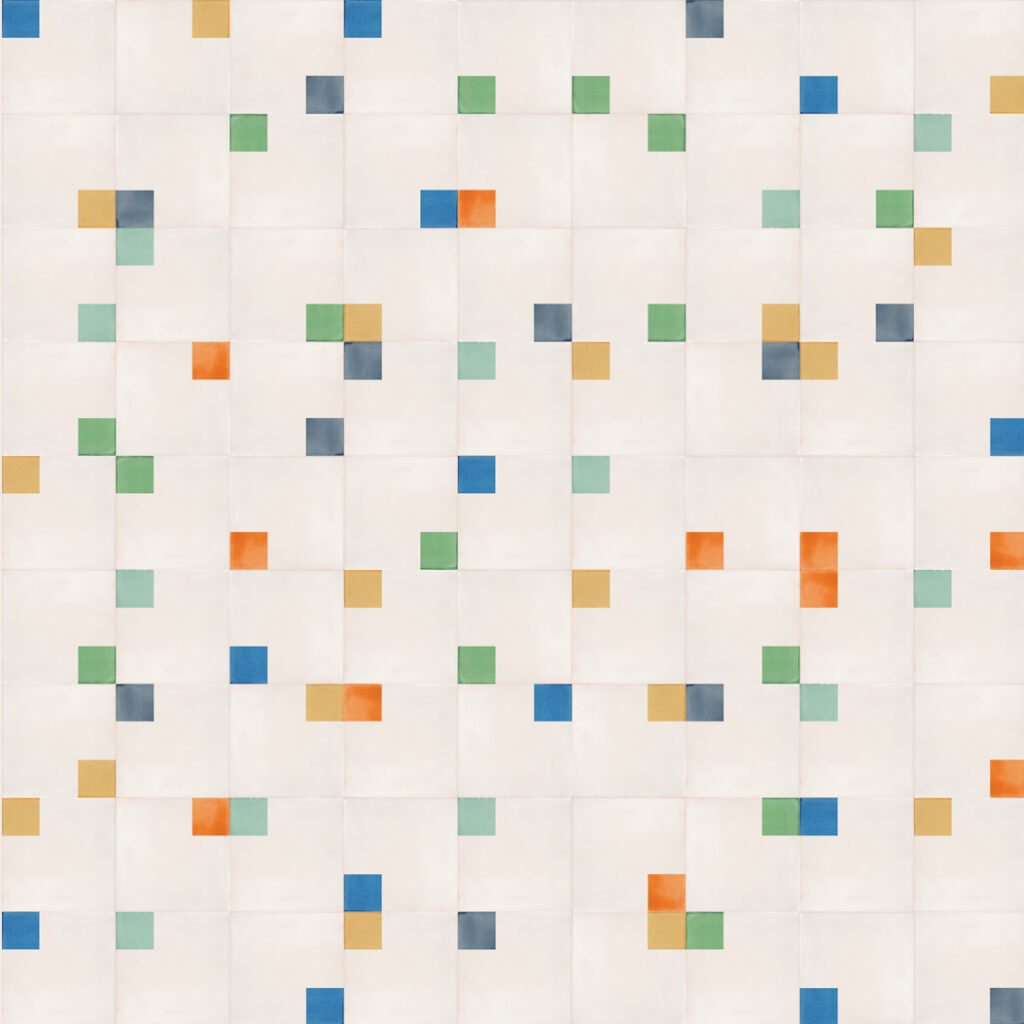 Smink Studio Scattered Showers tiles: cream glazed ceramic tiles with small screen-printed squares in blue, green, orange and yellow.